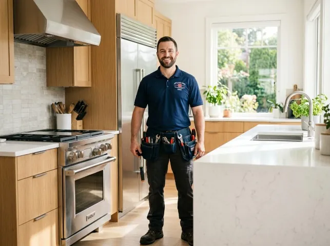 Appliance Repair Hero technician in a Auburndale, MA kitchen after an appliance repair
